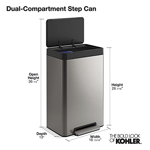 Kohler Hands-Free Recycling Kitchen Step, Trash Can With Foot Pedal, Quiet-Close Lid, 11 Gallon - Dual Compartment, Stainless Steel #TOP7