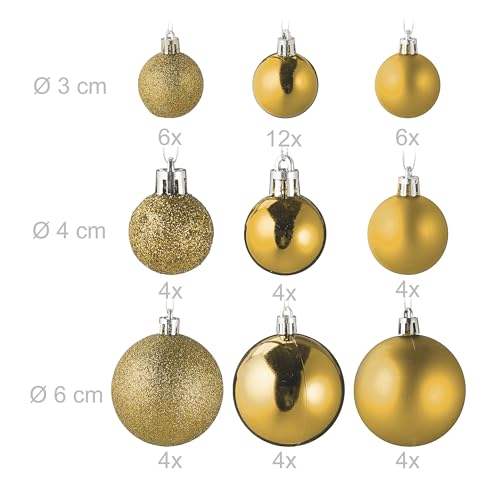 Relaxdays 100x Christmas Ornaments, Baubles, Glittering, Matte & Shiny, Tree Decorations, Plastic, 10 Designs, Gold - Image 4