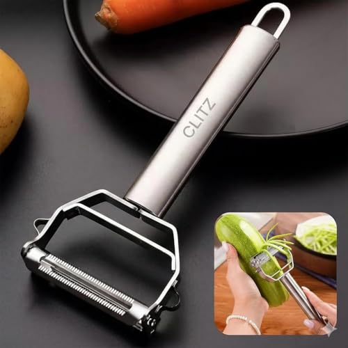 Image of CLITZ 2 in 1 Peeler Julienne for Salad, Potato Peeler, Vegetable Slicer, Multi-Functional, Fruit Slicer, Adjustable Veggie Shredder, Kitchen Noodle Cutter, Stainless Steel (Medium)