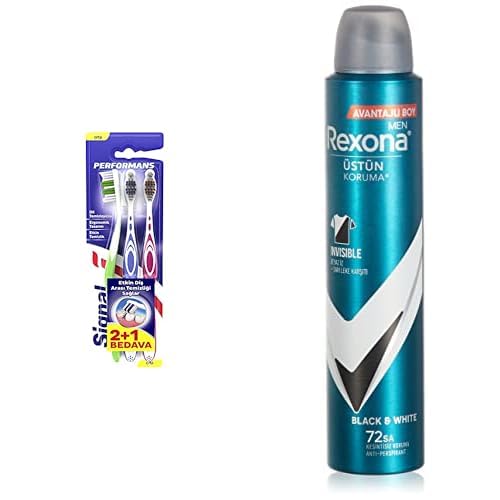 Signal Performans Etkin Diş Temizliği 2+1 Orta Diş Fırçası ve Rexona Men Erkek Sprey Deodorant Invisible Black & White 72 Saat Kesintisiz Üstün Koruma 200 ml
