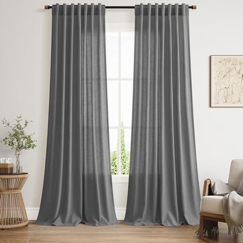 Image of Blazer Grey Linen Curtains 90 Inch Long 2 Panels Set for Bedroom Living Room, Soft Linen Textured Window Drapes Semi Sheer Light Filtering Rod Pocket Back Tab Morden Simple Style 52x90