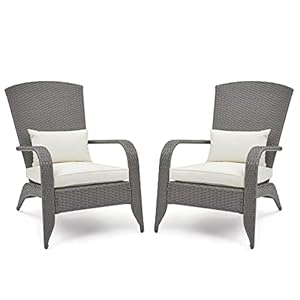 Mondeer 2x Adirondack stoel, fauteuils, PE rotan rieten kikker stoel ligstoelen kussen voor & fauteuil, tuinmeubelen sets gazon, achtertuin, zwembad, grijs