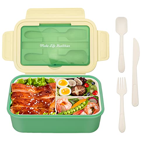 BIBURY Bento Box, 1400ml Leakproof Lunch Box for Adults and Kids, Food Container with 3 Compartments and Cutlery, Dishwasher/FDA Approved/BPA Free Meal Prep Containers Sandwich Box