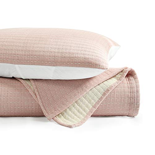 Lush Decor Solid Kantha Pick Stitch Yarn Dyed Cotton Woven 3 Piece Quilt/Coverlet Set, King, Blush #TOP3