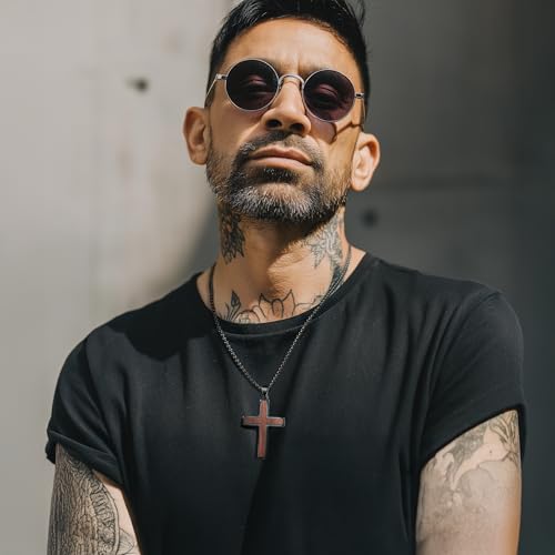 Mens Wooden Cross Necklace, Handmade Real Ebony Wood Cross Pendant for Men, Christian Crucifix Cross Necklace for Men, 24 Inch Stainless Steel Box Chain3