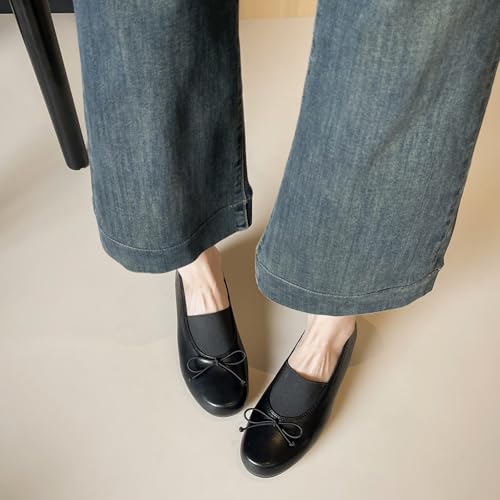 Women's Leather Bow Closed Round Toe Flats Elegant Elastic Slip On Comfortable Soft Sole Inner Heighten Dress Ballerina Flats Work Office Causal Non-Slip Walking Shoes4