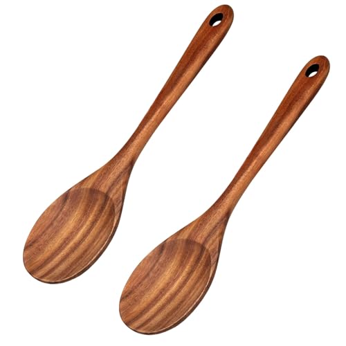 Image of 2 Pieces Wooden Spoon for Cooking,31.2×7cm Long Handle Wooden Spoons,Heat-Resistant Woods Table Spoon for Cooking,Easy to Clean,Wooden Serving Spoon for Stirring, Serving Soups and Kitchen Utensils