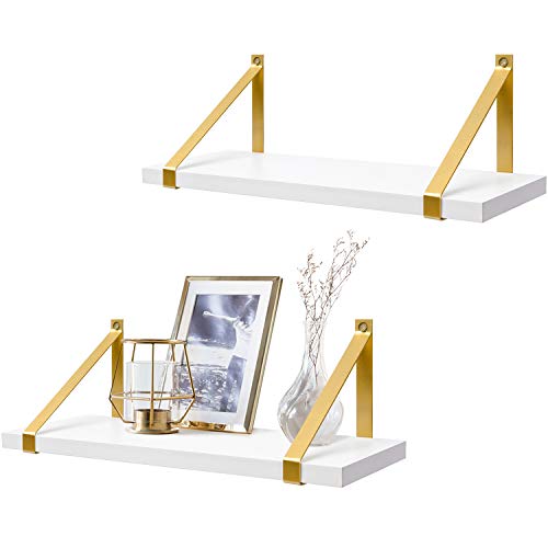 Mkono White Floating Shelves Wall Mounted Modern Decorative Shelves Set of 2 Wood Hanging Shelf with Golden Metal Brackets for Bathroom Living Room Bedroom Kitchen Office Nursery, 17 Inches