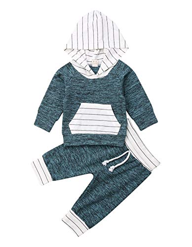 Infant Baby Boys Girls Striped Hooded Sweatshirt T-Shirt Tops+Striped Pants Kids Outfits Winter Fall Clothes Set (Blue, 0-6 Months)