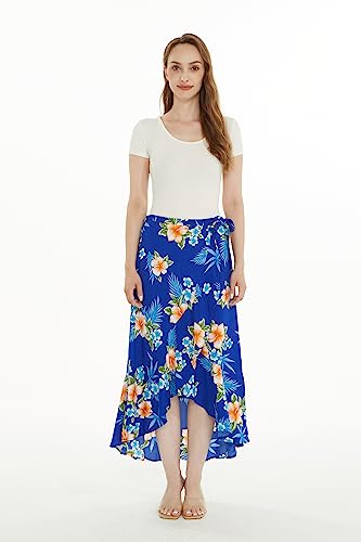 Women's Hawaiian Luau Wrap Ruffle Skirt in Hibiscus Blue3