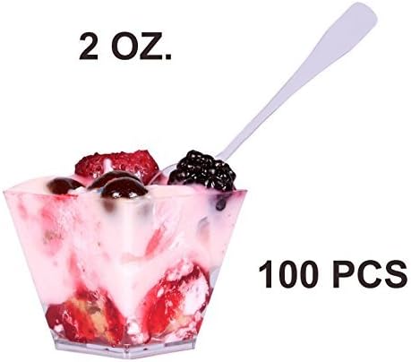 SMALL MINI CLEAR DISPOSABLE SQUARE PLASTIC DESSERT CUPS shot glasses for Parfaits Puddings Desserts Appetizers Entrees Mousse Ice cream Dessert Buffet shooter cups 2 oz 100 count 100 mini spoons