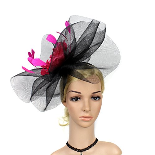 Ysjoy Vintage Veil Mesh Feather Big Curl Up Kentucky Hat Simulation Flower Bridal Shower Hat Wedding Cocktail Tea Party Hat Church Derby Hat Rose Red Flower #TOP3