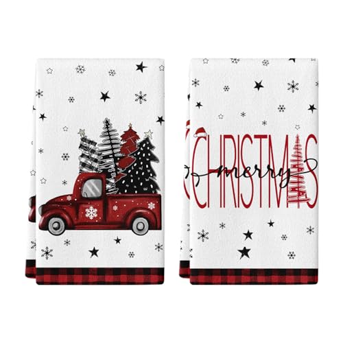 LIOQUN Christmas Hand Towel Set of 2, Red Truck Hand Towels, 18x26 Inch, Merry Christmas Tree Towel for Bathroom Home Kitchen, Soft Towel Red Buffalo Plaid Decoration, Winter Holiday Decor Towels