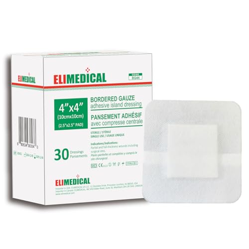 ELIMEDICAL Apósito Adhesivo Estéril tipo Isla con Gasas Bordeadas – Almohadillas de Gasa, apósito para cuidado de heridas con borde adhesivo - suave y altamente absorbente (4'x4'(10x10cm))