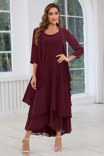 BANTRATIC 2 Pieces Mother of The Bride Dresses for Wedding Chiffon Ankle Length Tiered 3/4 Sleeve A-Line Formal Party Gown3