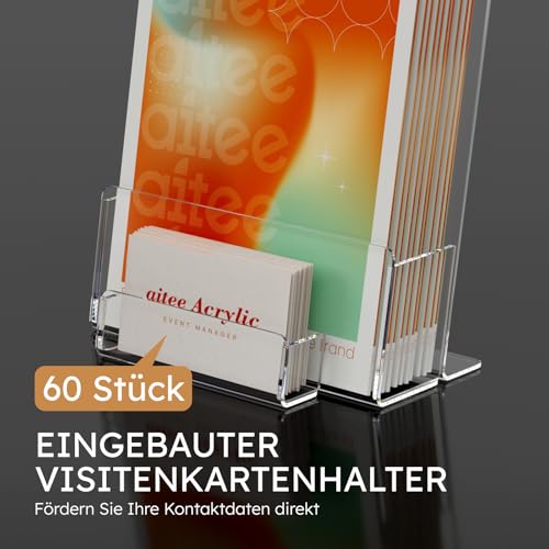 AITEE DIN A5 Tisch-Prospektständer: 2 Stück Acryl Transparenter Flyerständer mit Visitenkartenhalter Freistehende Prospekthalter für Counter Büro Restaurant Rezeption