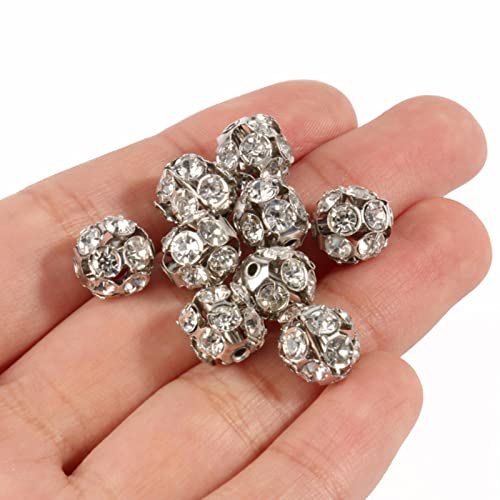 MENGBB Cuentas Sueltas con Forma de Bola de Diamantes de imitación de Color, Cuentas de Cristal de Metal para fabricación de Joyas, Accesorios de Bricolaje, Pulsera-rodio, 10mm, 50 Uds Cover