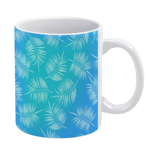 マグカップ おしゃれ 白いヤシの葉 青い背景 熱帯 コーヒーカップ 陶器 丈夫 マグ カップ 食器 直径8.2×高さ9.6cm 330ml 軽い 気軽に使える コーヒーマグ インテリア アウトドア 綺麗 ジュース お茶 新生活 雑貨 台所 飲食店 家庭用
