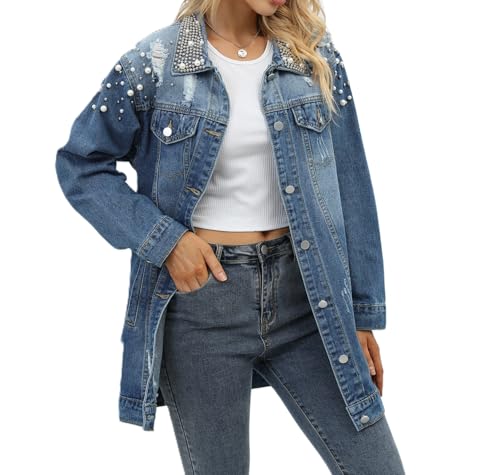Women's Long Sleeve Button Down Pearl Jean Jacket Boyfriend Long Denim Coat3