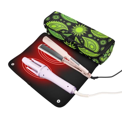 Organizador 2 en 1 para herramientas de cabello con tapete resistente al calor y removible impermeable para planchas y rizadores, negro con paisley verde miniatura 2