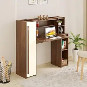 BLUEWUD Walden Engineered Wood Study and Computer Laptop Table for Home or Office, WFH Desk, with Multiple Shelves Storage for Books and D?cor Display for Adults Kids Students (Brown Maple & White)