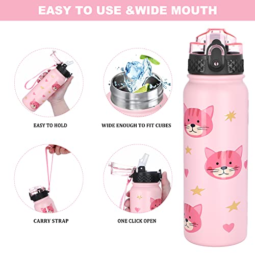GOPPUS 600ml/20oz Stainless Water Bottle with Straw Double Wall Insulated Bottles with Strap One Hand Open Vacuum Thermal Flask Leakproof Keep Cold Bottles with Flip Top Lid BPA Free (Pink Cat) - Image 4