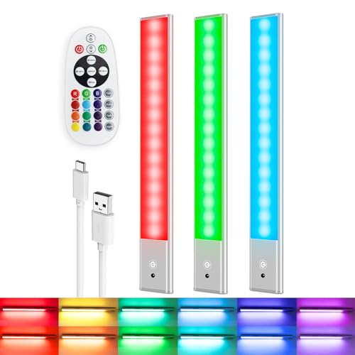 Rechargeable Under Cabinet Lighting Wireless, Under Counter Lights for Kitchen Closet Bedroom Wardrobe Stairs Hallway 79 LED 15 Color Temps Dimmable RGB Lights Bar with Remote 3 Pack
