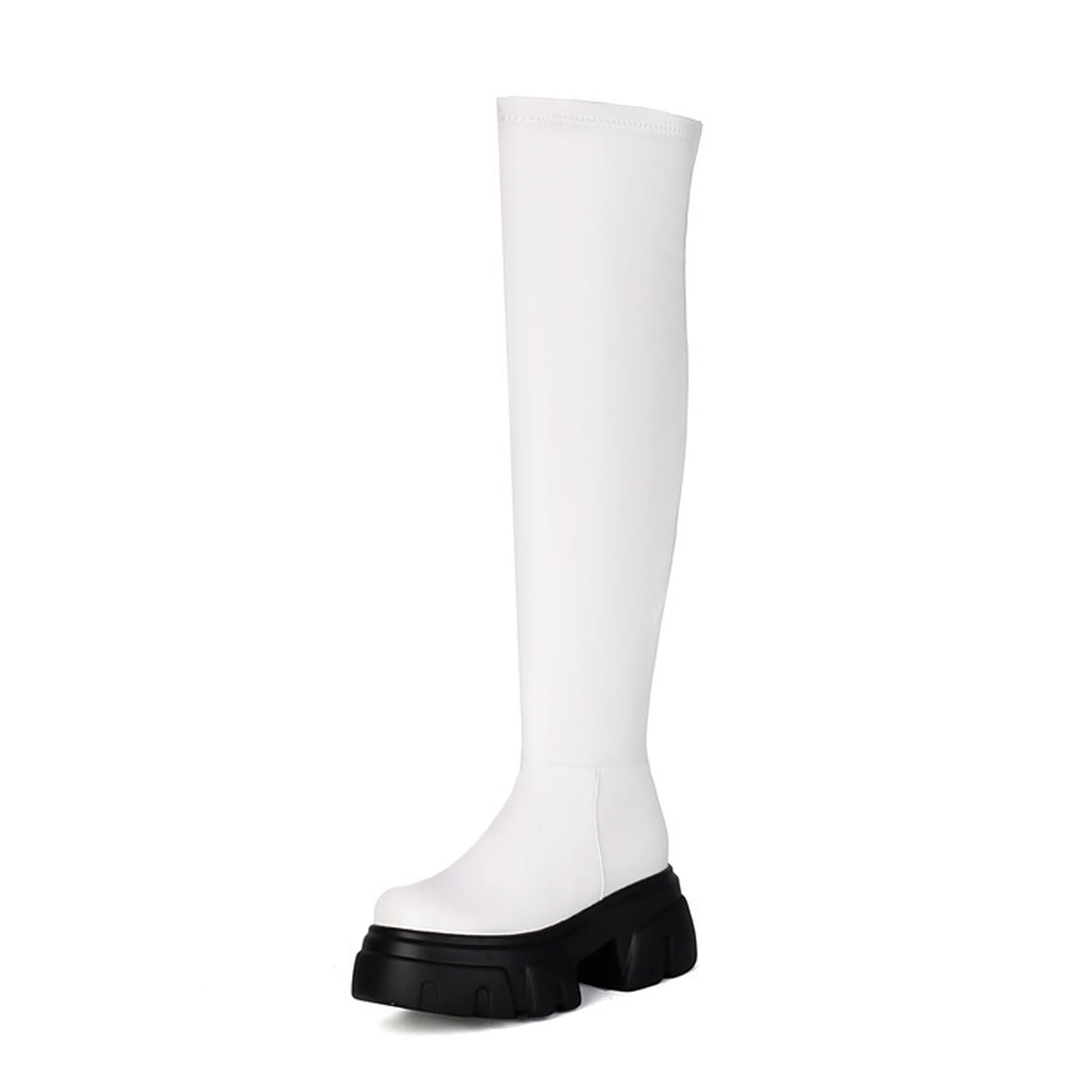 Botas de Montar hasta la Rodilla con Plataforma para Mujer, Botas de Motociclista con Cremallera Lateral y Punta Redonda, Botas de Moda para otoño e Invierno a Media Pantorrilla,Blanca,35 EU