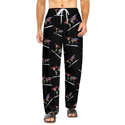 Flag Map of The World Men's Pajama Pants Lightweight Pjs Bottoms Sleep Lounge Pant with Pocket Drawstring