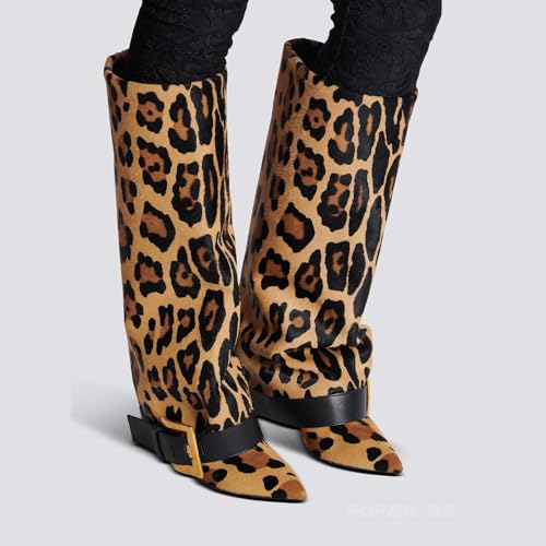 Fold Over Boots for Women, Heeled Knee High Leather Boots with 4-Inch Stiletto Heel, Wide Calf & Shark Boots for Casual and Evening Wear2