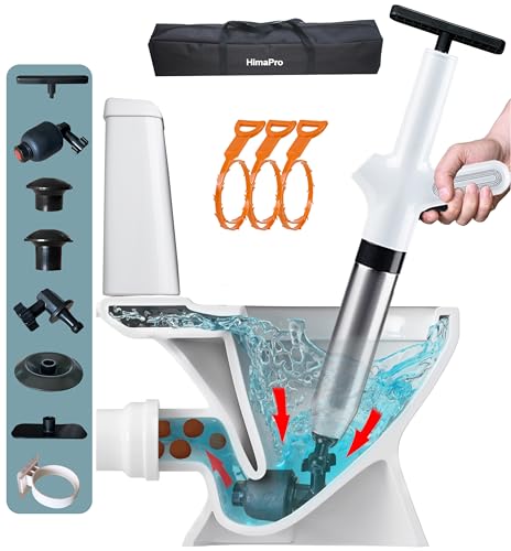 HimaPro High Pressure Toilet Plunger Air Drain Blaster Kit White Handle- Unclog Toilets, Kitchen Sinks, Shower Drains, and Pipes with Ease - Bonus Drain Snake Included