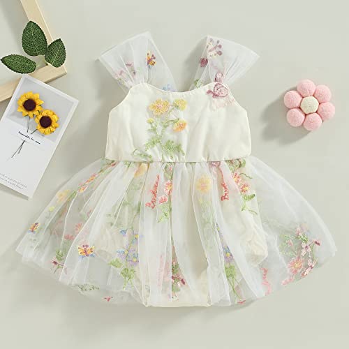 Rsrzrcj Baby Girl Lace Tulle Romper Dress Sleeveless Flower Embroidery Mesh Tutu Princess Dress Fluffy Brithday Photoshoot (Creamy Yellow, 12-18 Months) #TOP4