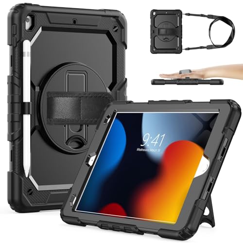 Sibeitu iPad 9th Generation Case 2021 10.2 Inch with Screen Protector & Kickstand, Protective iPad 7th 8th Gen Shockproof Case 2019 2020 Cover with Hand Shoulder Strap, Heavy Duty & Rugged, Black