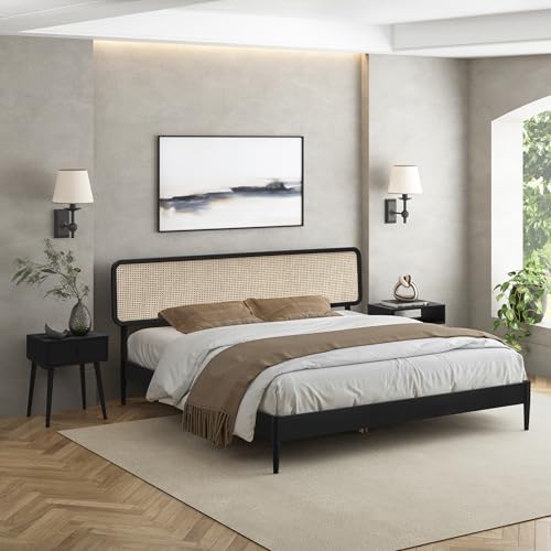 Image of NTC Lupin Wooden Bed Frame with Headboard and Natural Rattan, Solid Oak Foundation with Silent Slats, 1000 Lb Capacity, Effortless Assembly, King - Burnt Black