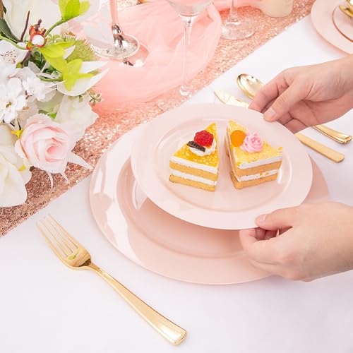 FLOWERCAT 60PCS Pink Plastic Plates - Heavy Duty Pink Plates Disposable for Spring Party&Mother's Day/Wedding - serving 30 guests Include 30PCS 10.25inch & 30PCS 7.5inch by FLOWERCAT - Image 6