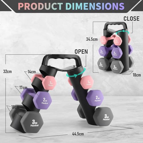 PhysKcal Hex Dumbbells Set of 6 with Stand- 2 x 1 kg, 2 x 2 kg, 2 x 3 kg, Hand Weights Set for Ladies, Kids, Beginners, Light Small Dumbbells Set for Home Gym Studio Workout - Image 6