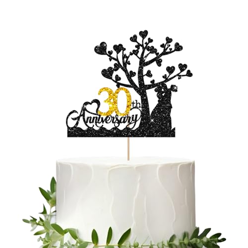 Happy 30th Anniversary Cake Topper, 30th Wedding Anniversary Cake Decor, Black&Gold Glitter Under The Tree Anniversary Cake Picks for Thirty Years Married Party Decoration