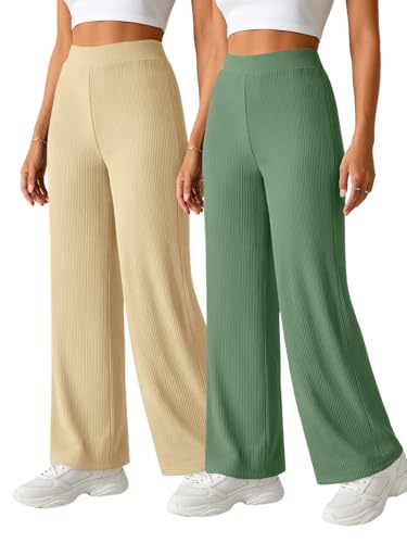 Image of Pinkmint Women High Waist Ribbed Wide Leg Trousers | Stretchable Palazzo Pants |Casual Lounge Travel Office Elastic Waist Flared Pants