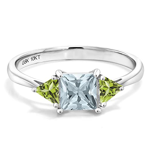 Gem Stone King 10K White Gold Sky Blue Aquamarine and Green Peridot 3 Stone Engagement Ring For Women (0.86 Cttw, Gemstone March Birthstone, Princess Center 5MM, Trillion 3.5MM)