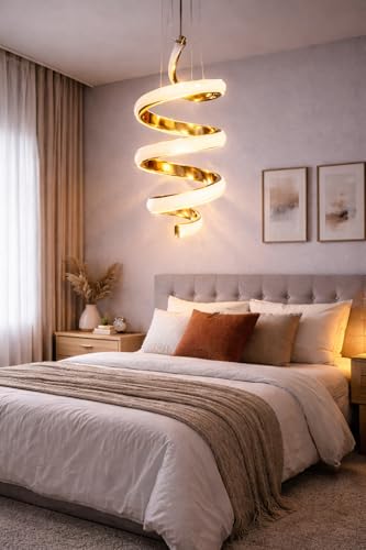 Image of Modern Gold Finish Spiral Shape Energy Saving Led Globe Pendant Hanging with 3 Different Color Mode (Warm White, Cool White, Neutral White) for Bedroom, Living Room, Restaurants, Dining, Home