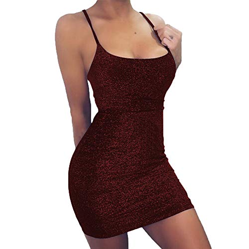 Women's Sexy Glitter Spagetti Straps Lace Up Back Bandage Bodycon Mini Club Party Dress3