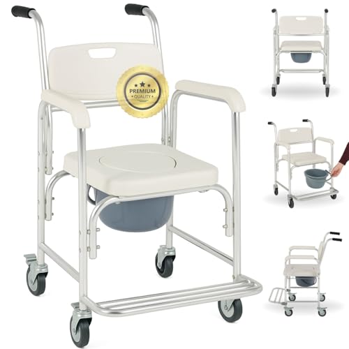 OrtoPrime Silla Ducha WC con Ruedas y Pies Abatibles - 3 en 1 - Silla con Inodoro Incorporado - Silla WC Portátil para Personas Mayores - Silla de Ruedas Ducha - Silla de baño geriatrica