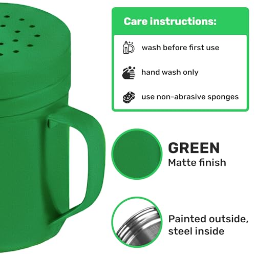 Image of CUSINIUM 6oz Forest Green Stainless Steel Salt Pepper Dredge Shakers - With Plastic Cap - With Handle - Pack of 2