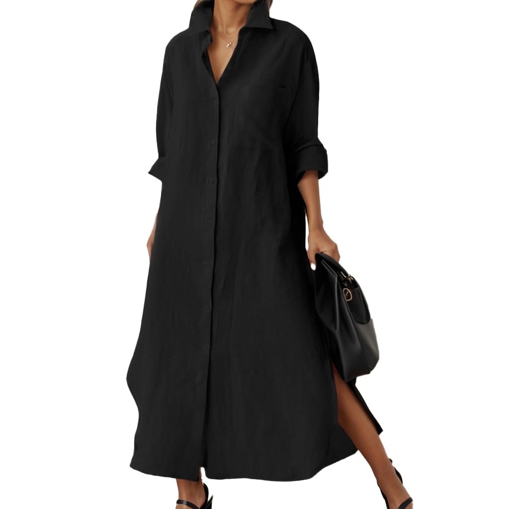 TIAFORD Vestido camisero de lino y algodón para mujer, casual, holgado, cuello en V, con botones, vestido largo holgado de lino de manga larga