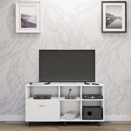 Image of VIKI Modern TV Unit for Living Room | Engineered Wood TV Cabinet with 1 Drawer Storage & 3 Open Shelves, Set Top Box Stand, Entertainment Unit, 140W x 74H x 40D cm | DIY | 1 Year Warranty (White)