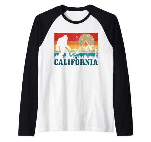 California Bigfoot Vintage Mountains Hiking Camping Gift Raglan Baseball Tee