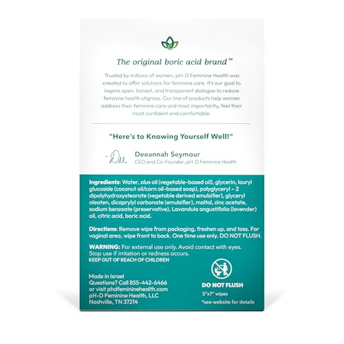 Image of pH-D Feminine Health Support - Boric Acid Wipes - Holistic Body Wipes - Travel Friendly, pH-Balanced, Paraben-Free, and Made with Essential Oils - Sensitive - 20 count