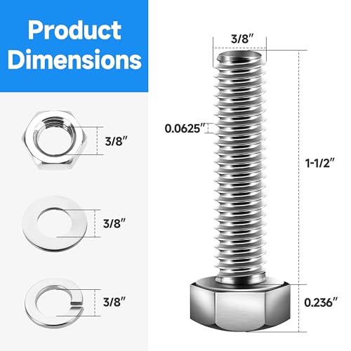Image of (8 Sets) 3 /8 Bolt, 3 /8-16 x 1-1 /2 inch Hex Head Screws, Assorted Screws Nuts and Bolts with Flat & Lock Washers, 3 /8 Bolts and Nuts Set, Fully Threaded by Marysino
