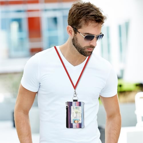 Image of Minimalist RFID Wallet with Lanyard, Multi-functional ID Case with 2 Zipper Pockets and Key Chain for Men and Women, Tactical Badge Pouch Cards Holder, Coin Purse for Travel Sports - Two-Tone