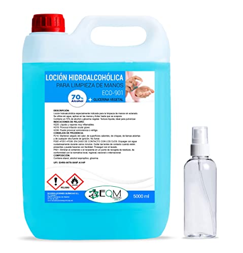 EQM SOLUCIONES QUÍMICAS | ECO-901 | Loción Hidroalcohólica para manos | 5L | Eficacia Certificada por Laboratorio | 70% Alcohol + Glicerina | Incluye pulverizador 100 ml